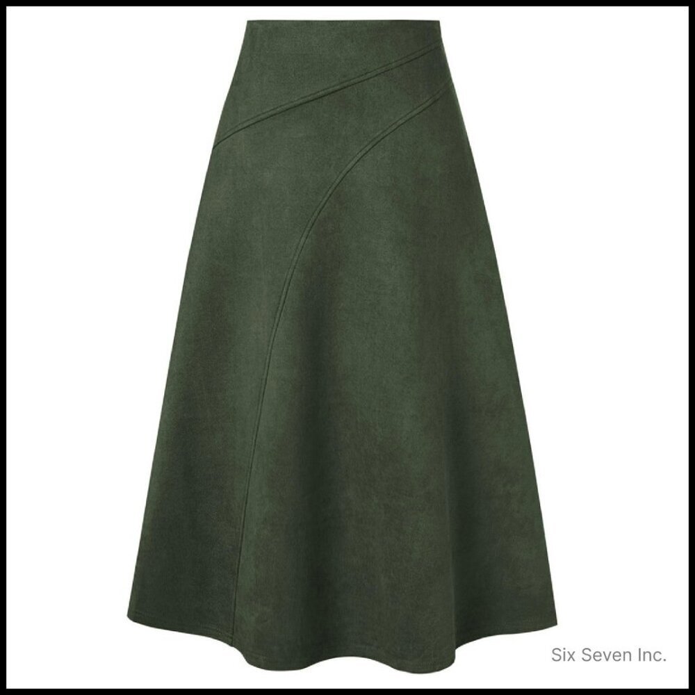 Faux Suede A-Line Midi Skirt High Waist Elegant Fall Winter Chic